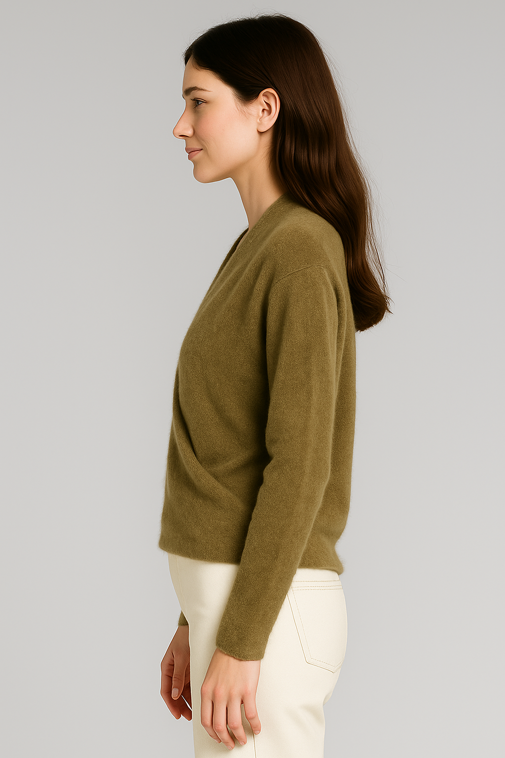 Damski sweter kopertowy z długim rękawem – oliwkowy
