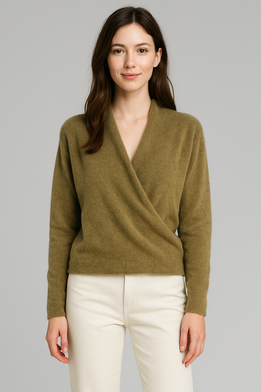 Damski sweter kopertowy z długim rękawem – oliwkowy